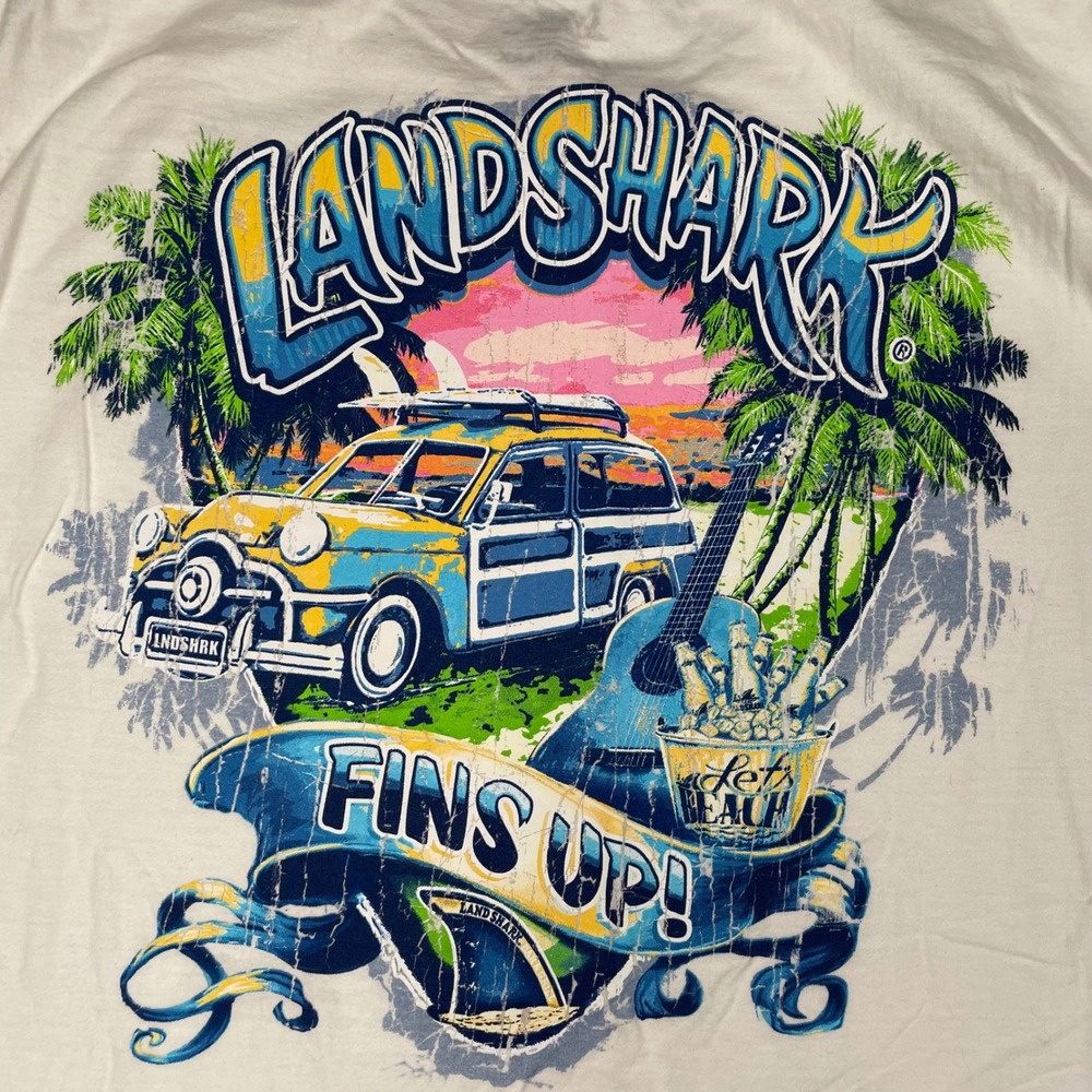 Landshark Fins Up Graphic‎ T-Shirt Mens Large White Cotton Woody Wagon Beach Tee